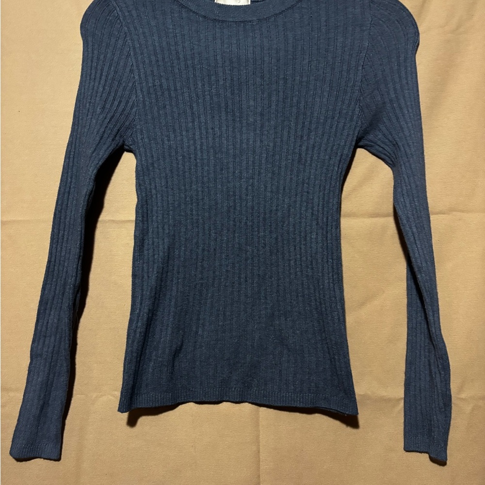 Blue Ribbed Fitted Long Sleeve Tee